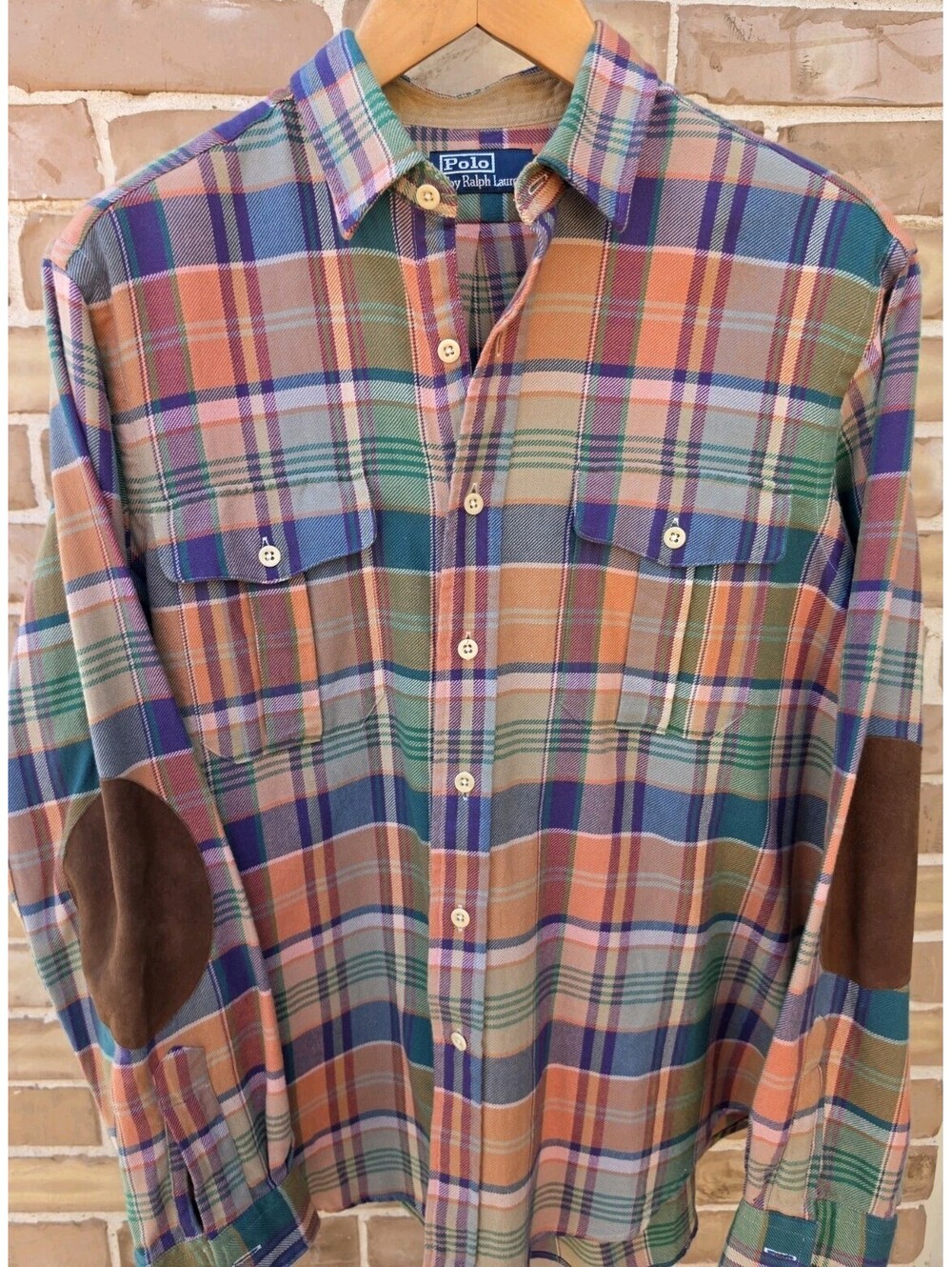 Vintage Polo Ralph Lauren Shirt Men L Plaid Suede Elbow Patch Made USA Flannel